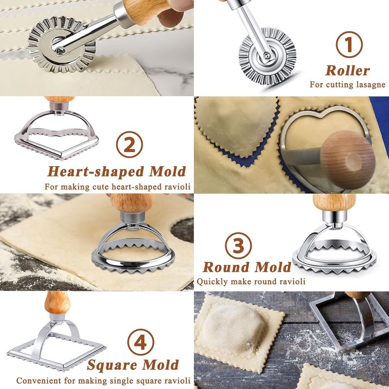 Lainballow 7 Pcs Ravioli Mold Set, Ravioli Maker Press with 1 Wood Rolling Pin, 4 Ravioli Cutter, 12 Holes Ravioli Stamp Pasta Making Kit for Ravioli Pasta Dumpling Meat Pie - Image 5